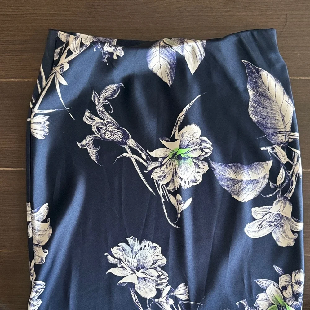 ZARA Floral Navy Silk Blue Skirt